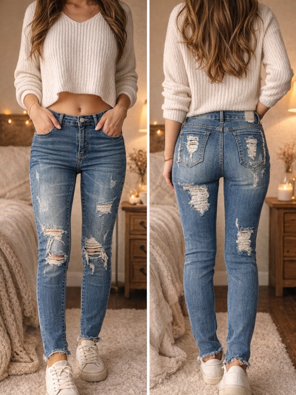 SHEIN Distressed Medium Blue Skinny Jeans